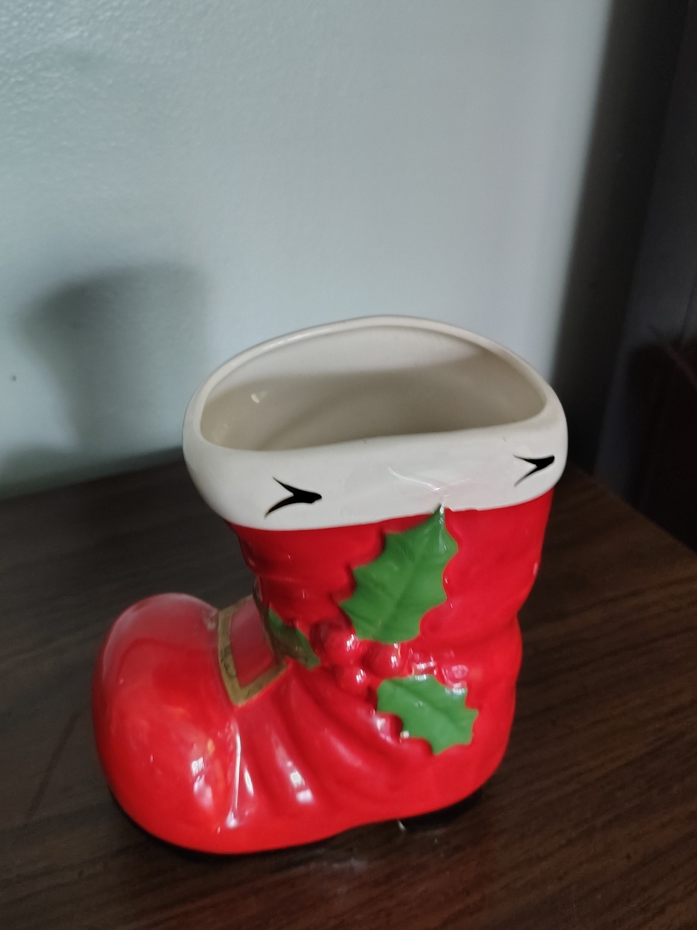 Red Ceramic Christmas Boot Planter with Green Holly